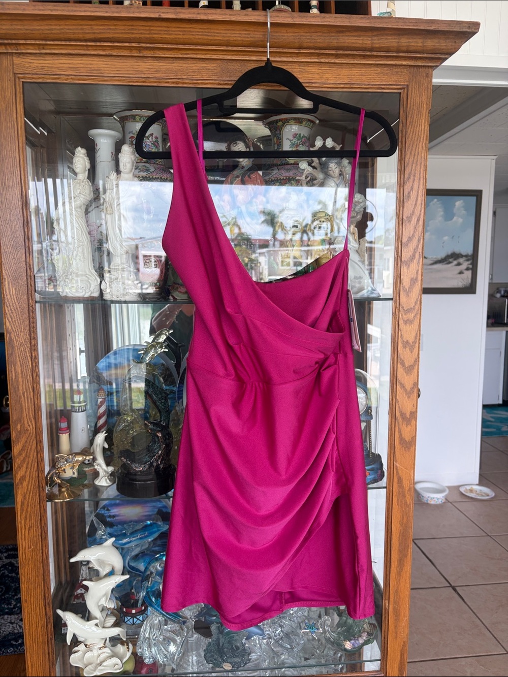 City Studio Magenta One-Shoulder Draped Mini Dress